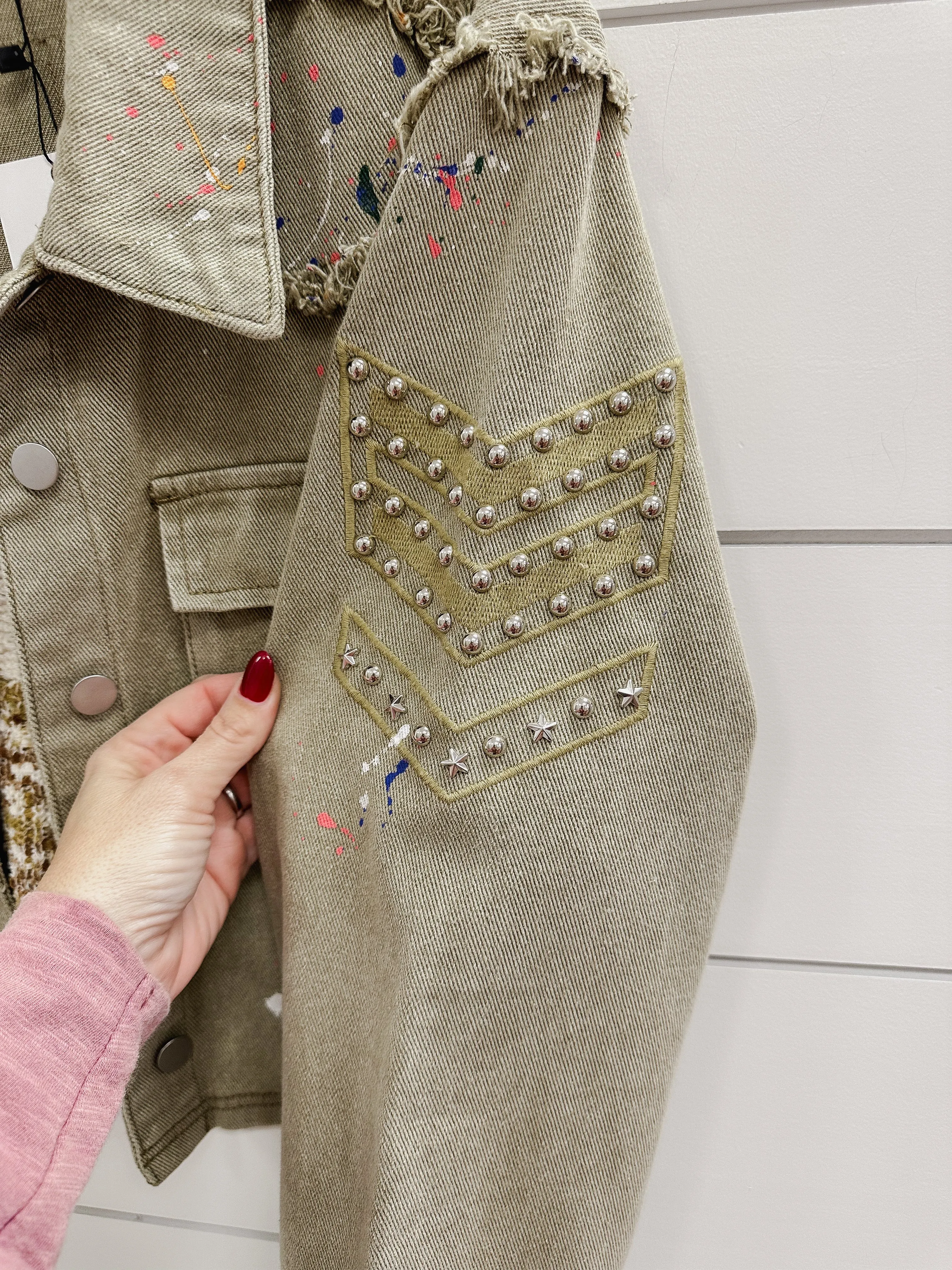 FINAL SALE Paint Splatter Twill Jacket - Olive