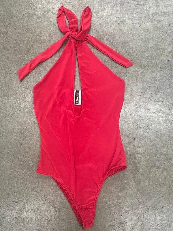 Halter Cross Lined Snap Button Bodysuit