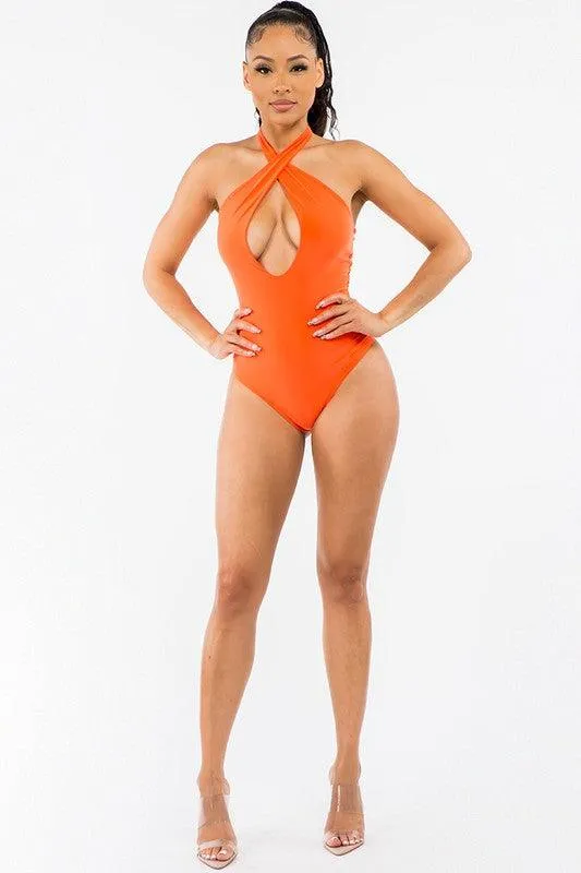 Halter Cross Lined Snap Button Bodysuit