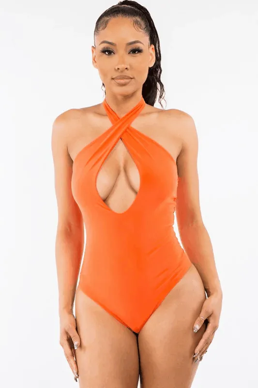 Halter Cross Lined Snap Button Bodysuit