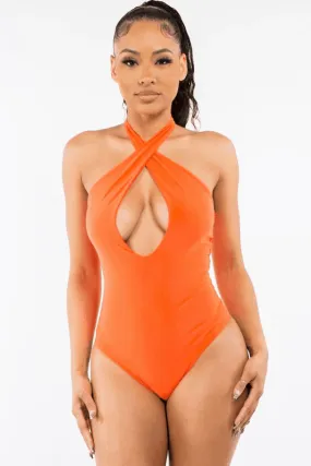 Halter Cross Lined Snap Button Bodysuit