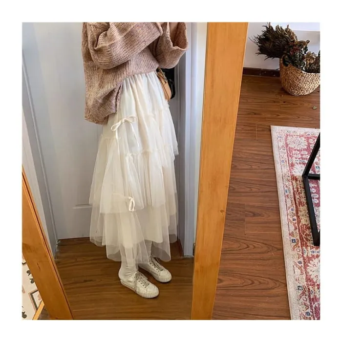 High Waist Tiered Midi A-Line Skirt