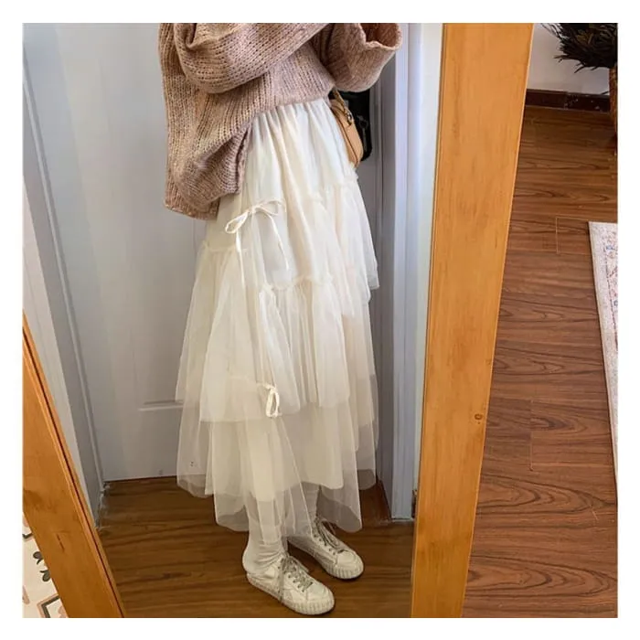 High Waist Tiered Midi A-Line Skirt