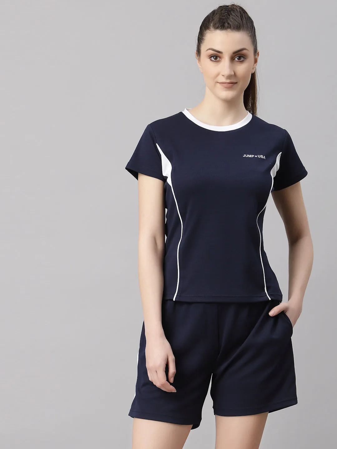 JUMP USA Women Navy Blue & White Solid Rapid-Dry T-Shirt with Shorts