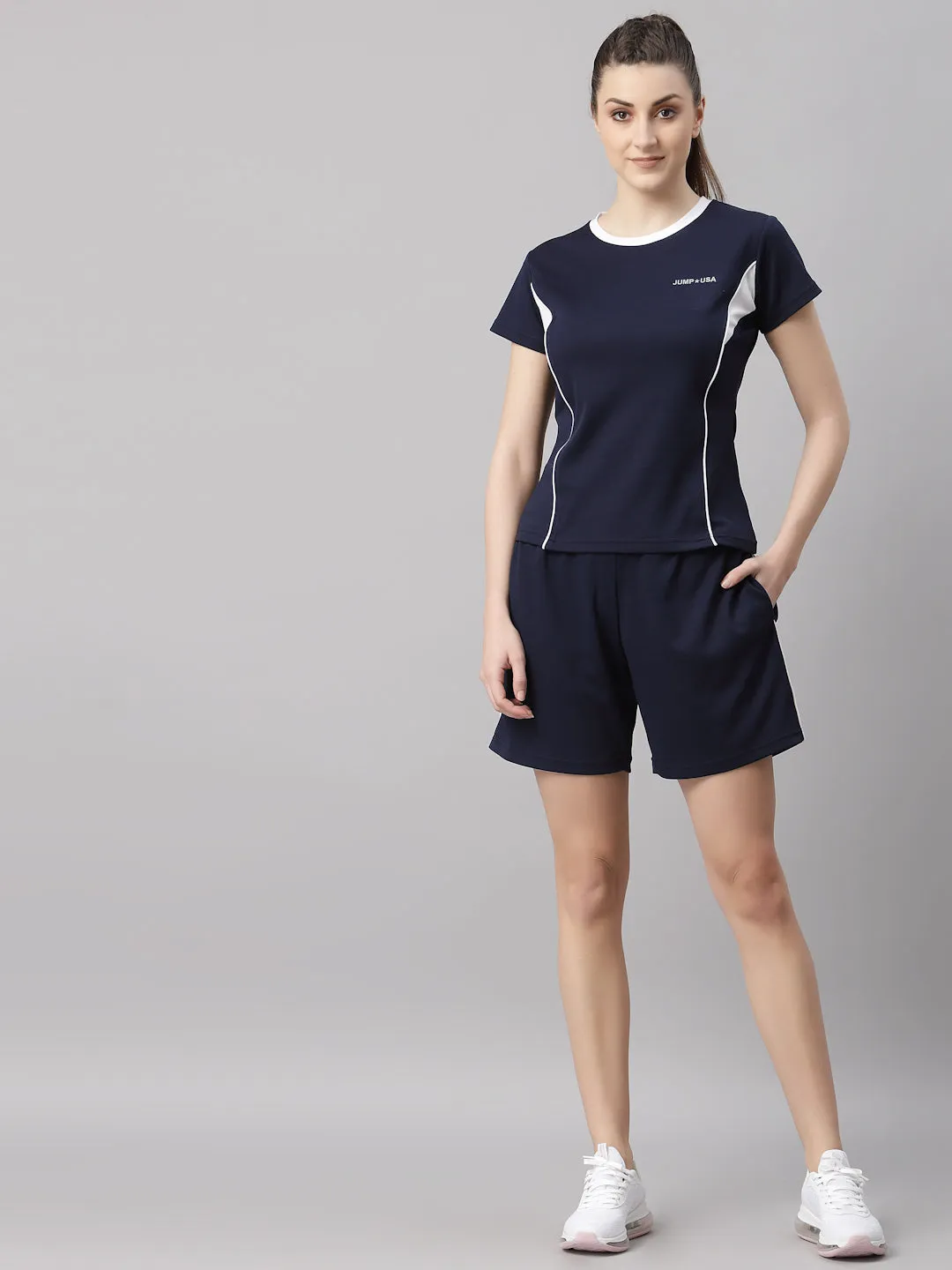 JUMP USA Women Navy Blue & White Solid Rapid-Dry T-Shirt with Shorts
