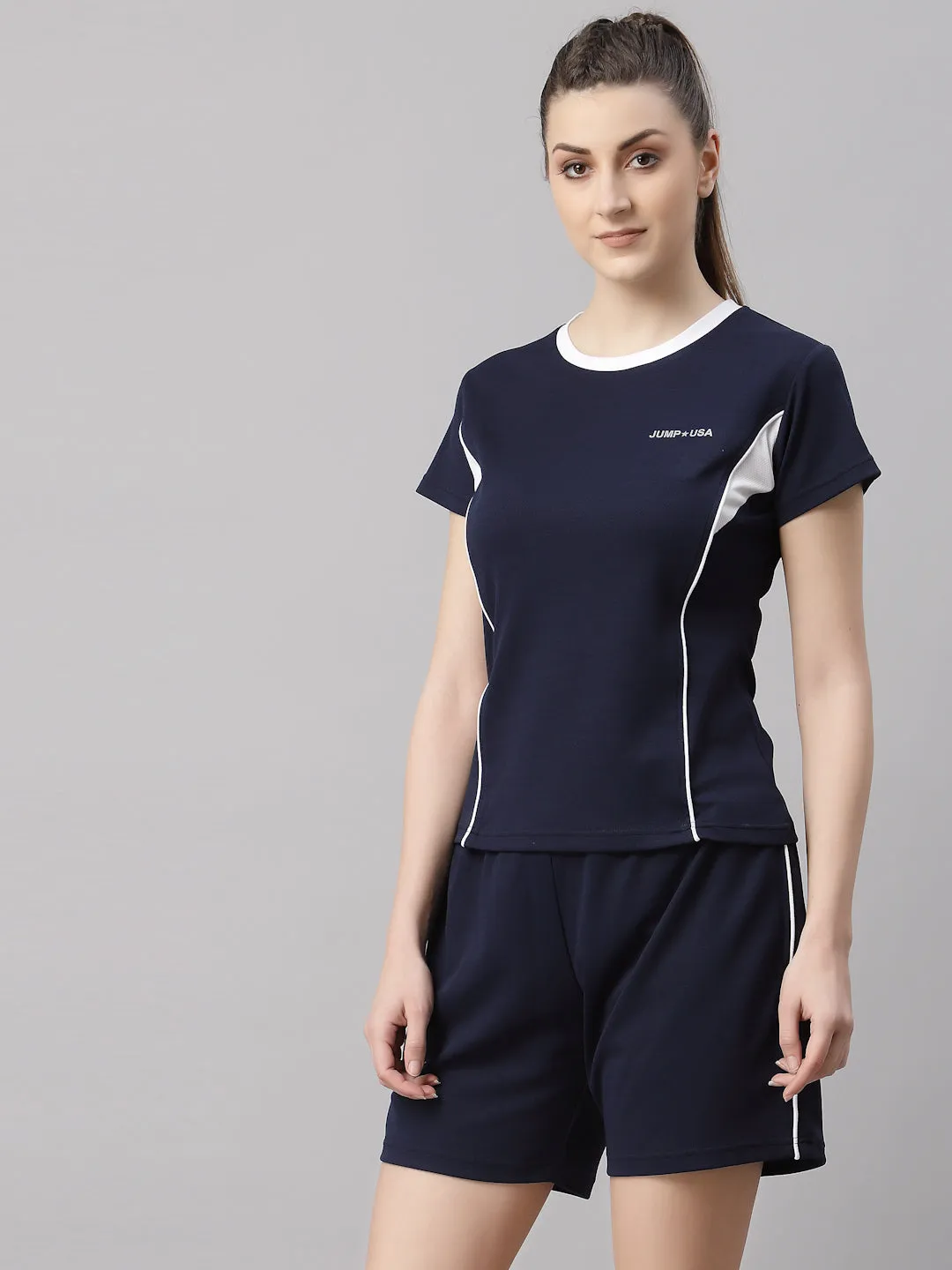 JUMP USA Women Navy Blue & White Solid Rapid-Dry T-Shirt with Shorts