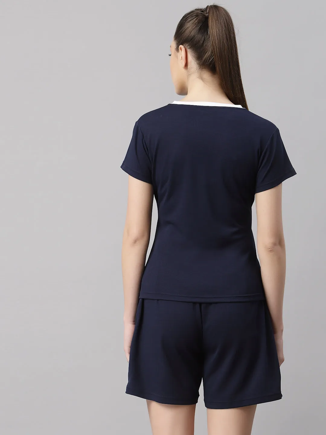 JUMP USA Women Navy Blue & White Solid Rapid-Dry T-Shirt with Shorts