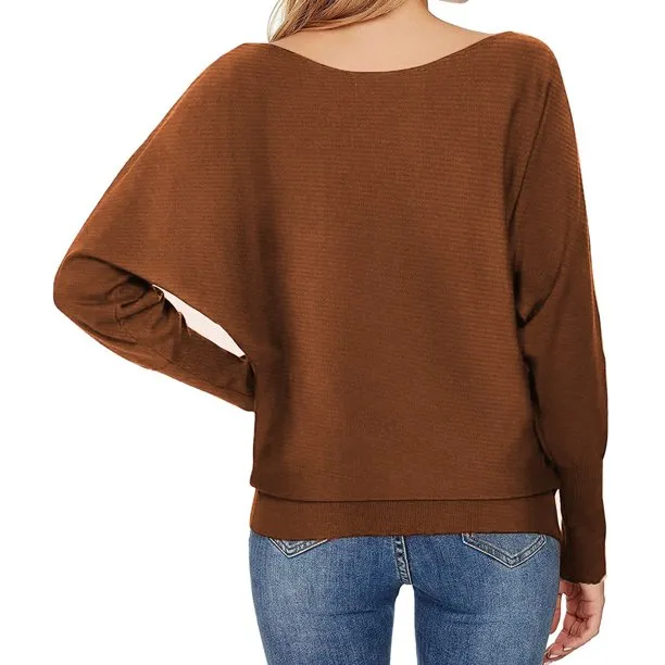 Knitted Womens Sweaters Boat Neck Batwing Sleeves Pullovers Tops
