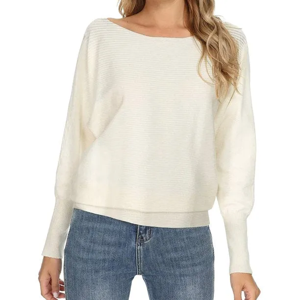 Knitted Womens Sweaters Boat Neck Batwing Sleeves Pullovers Tops