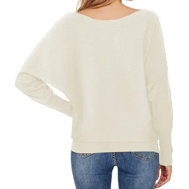 Knitted Womens Sweaters Boat Neck Batwing Sleeves Pullovers Tops