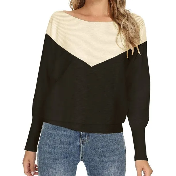 Knitted Womens Sweaters Boat Neck Batwing Sleeves Pullovers Tops