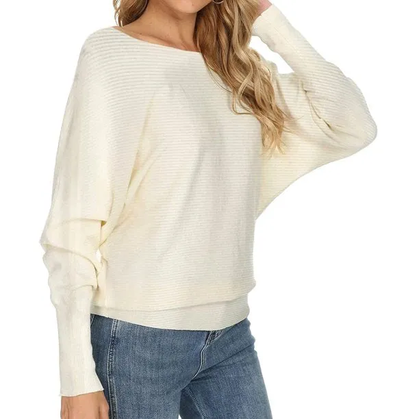 Knitted Womens Sweaters Boat Neck Batwing Sleeves Pullovers Tops
