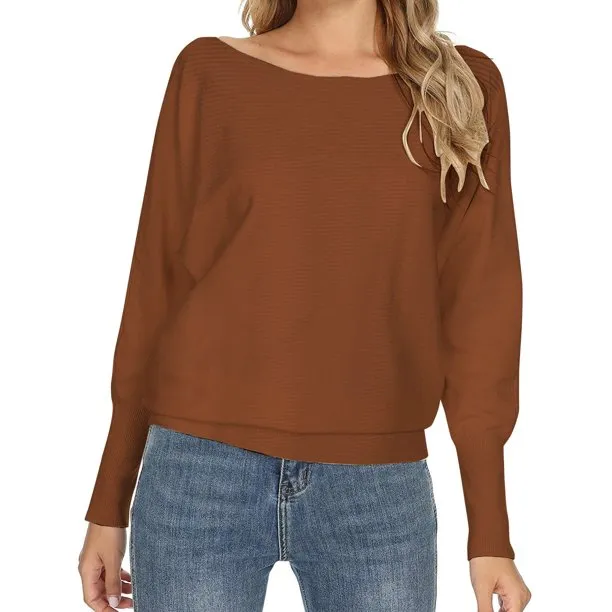 Knitted Womens Sweaters Boat Neck Batwing Sleeves Pullovers Tops