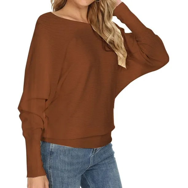 Knitted Womens Sweaters Boat Neck Batwing Sleeves Pullovers Tops
