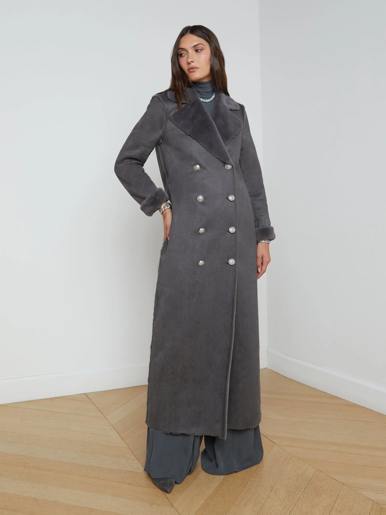L’AGENCE Citron Faux Shearling Maxi Coat in Dark Grey