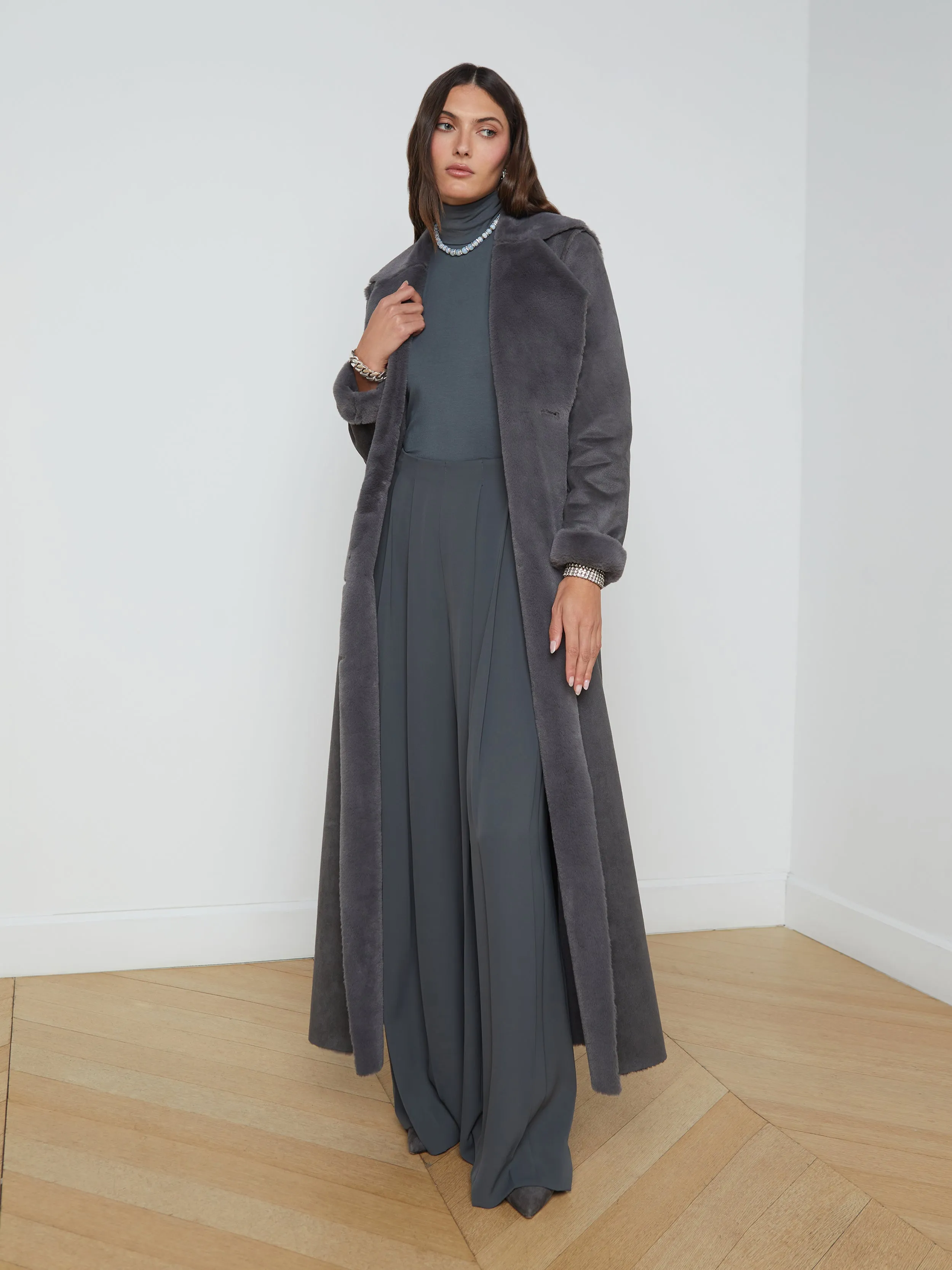 L’AGENCE Citron Faux Shearling Maxi Coat in Dark Grey