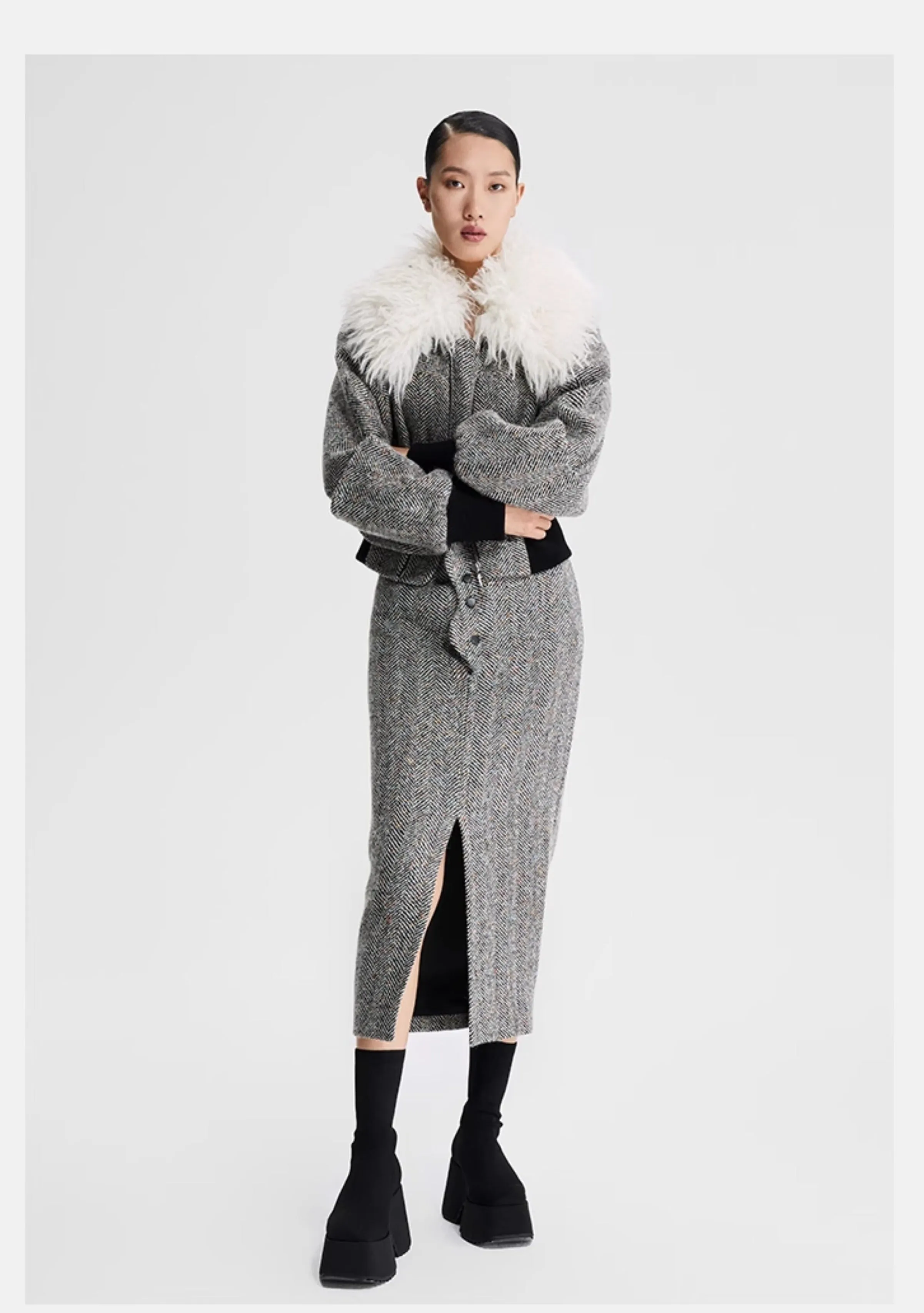 LEDIM W wool fur collar tweed cropped jacket SIll
