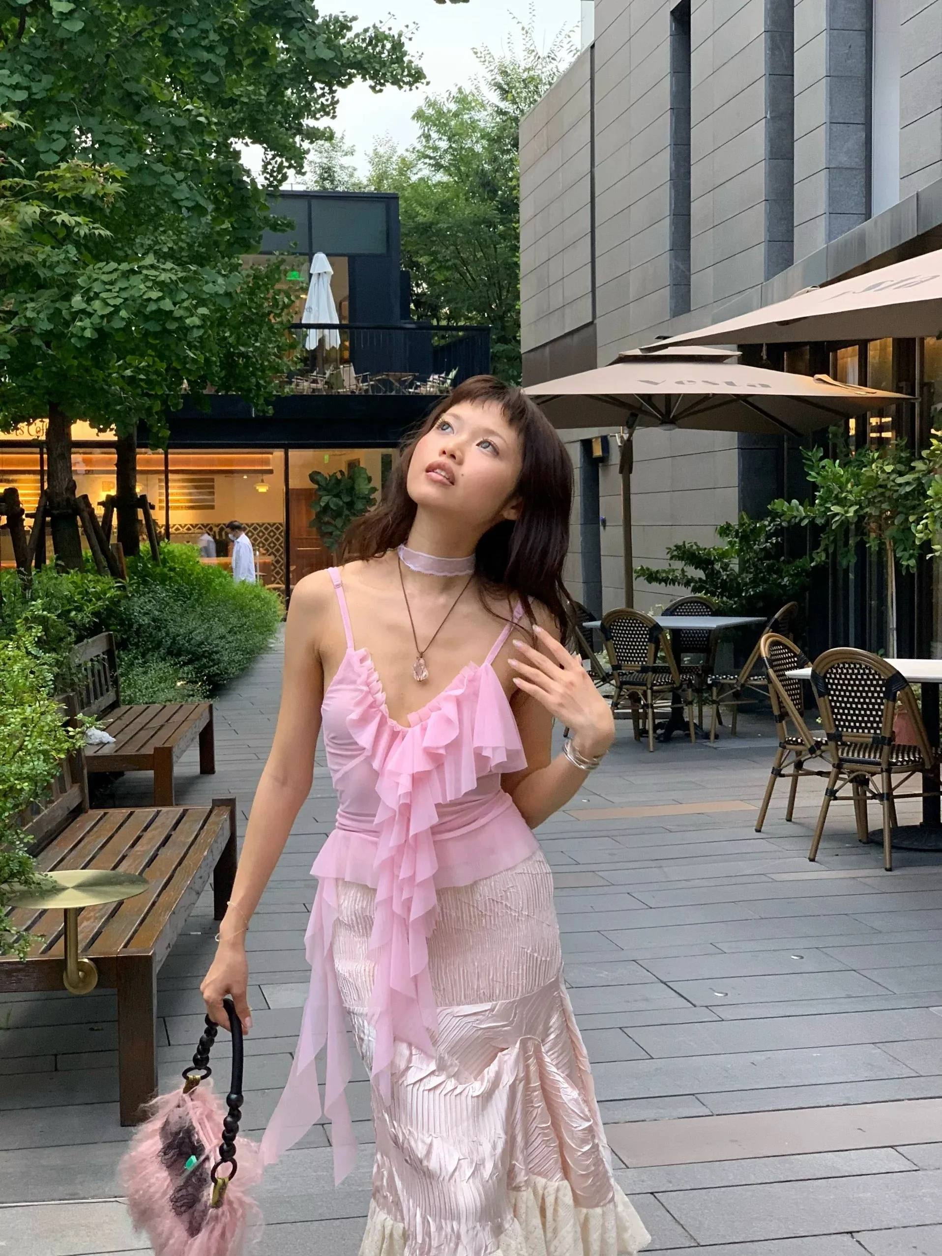 Light pink mesh flowing transparent top