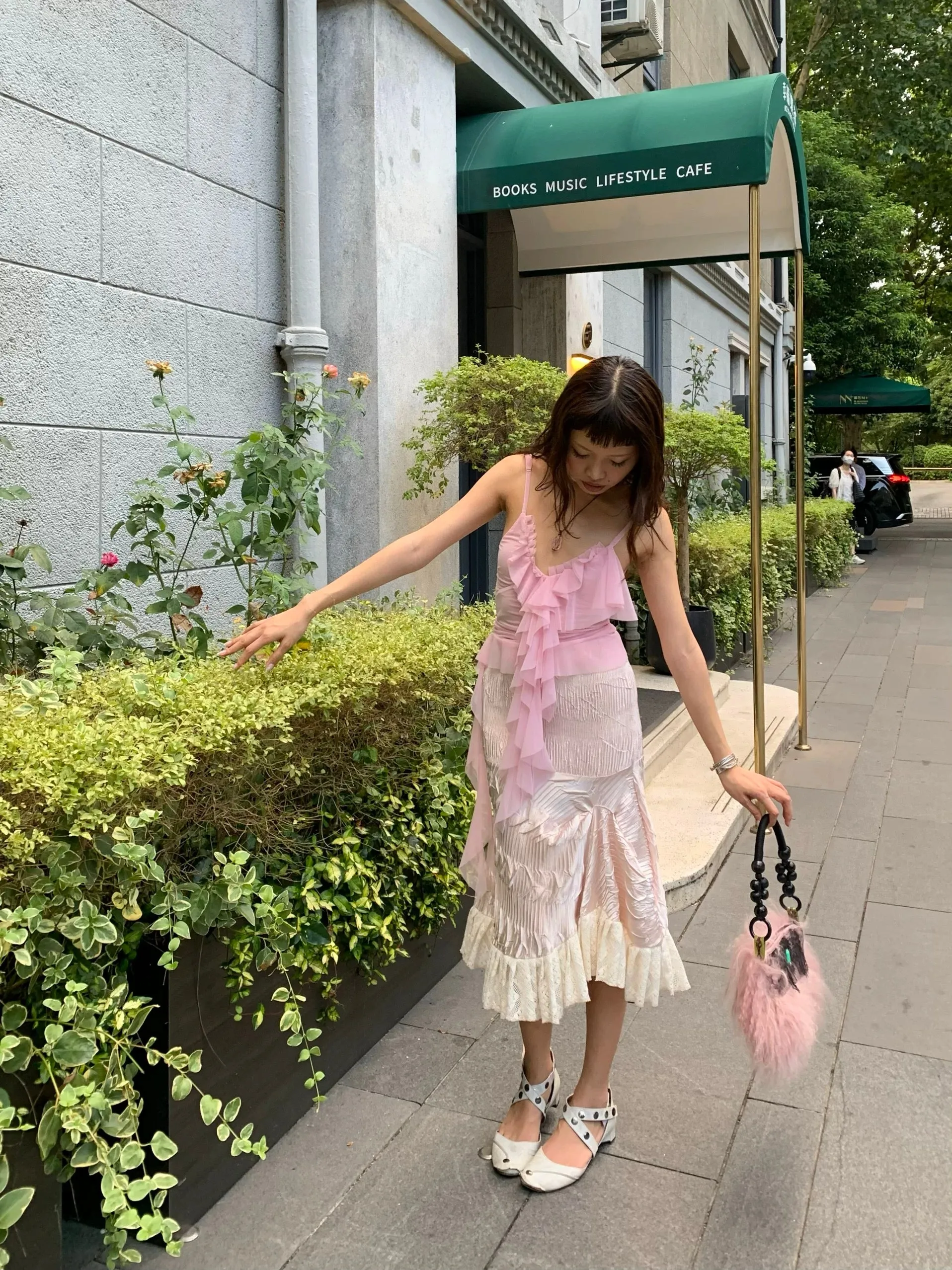 Light pink mesh flowing transparent top