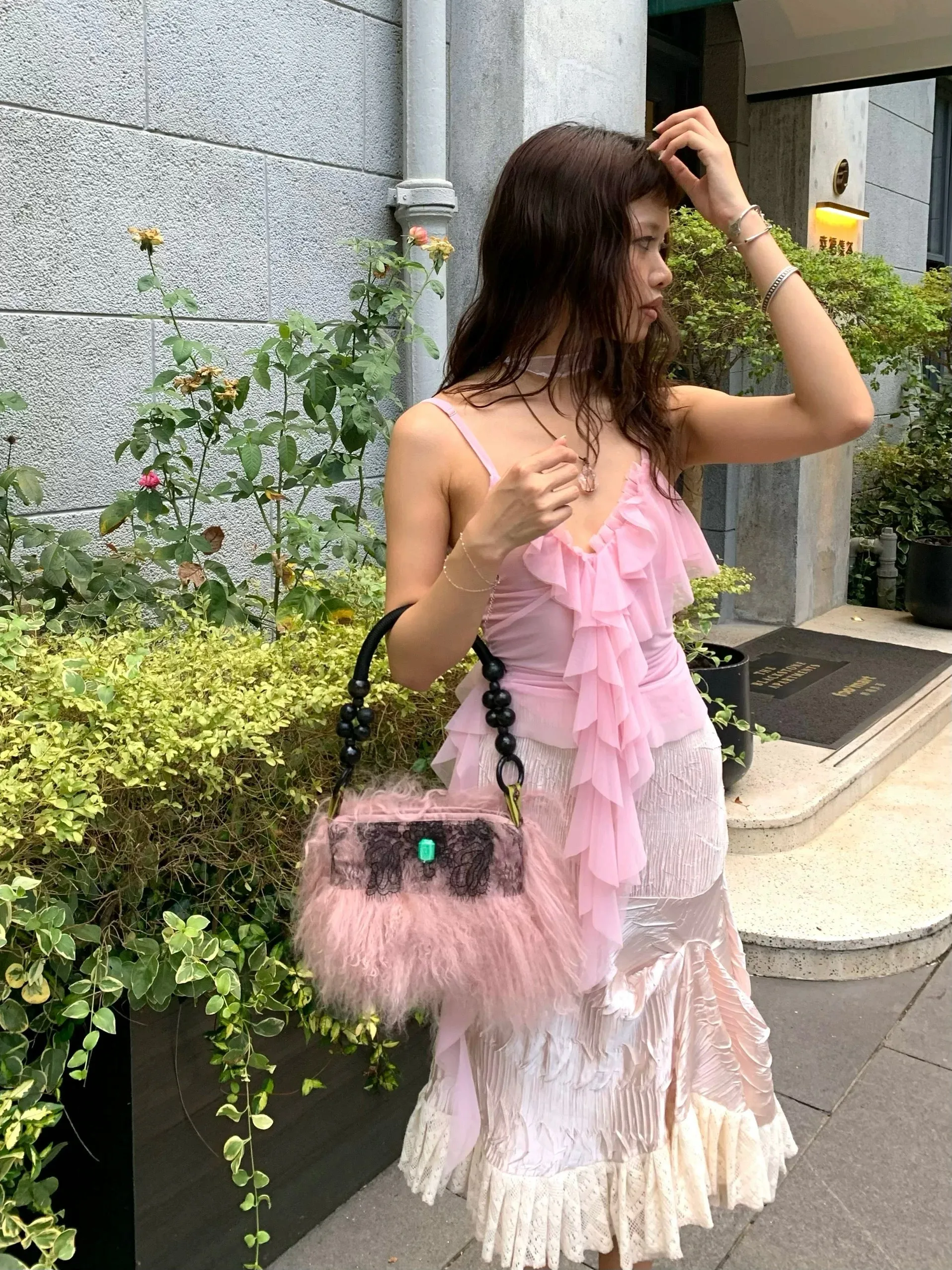 Light pink mesh flowing transparent top