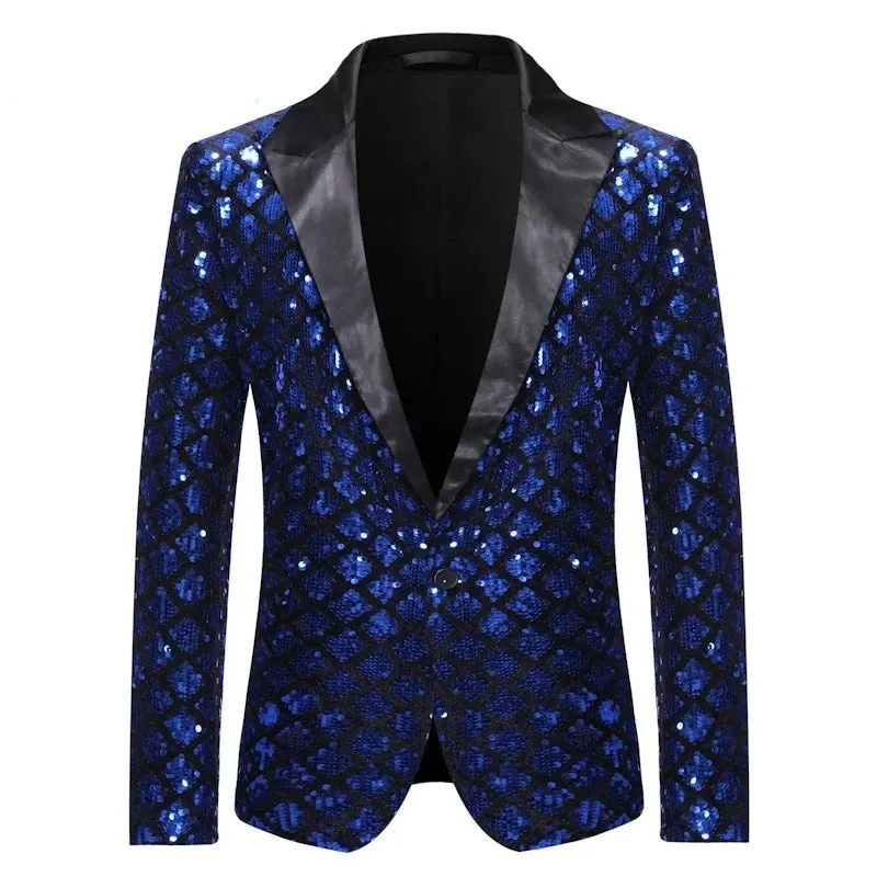 Men Slim Sequin Plaid Blazer Jackets