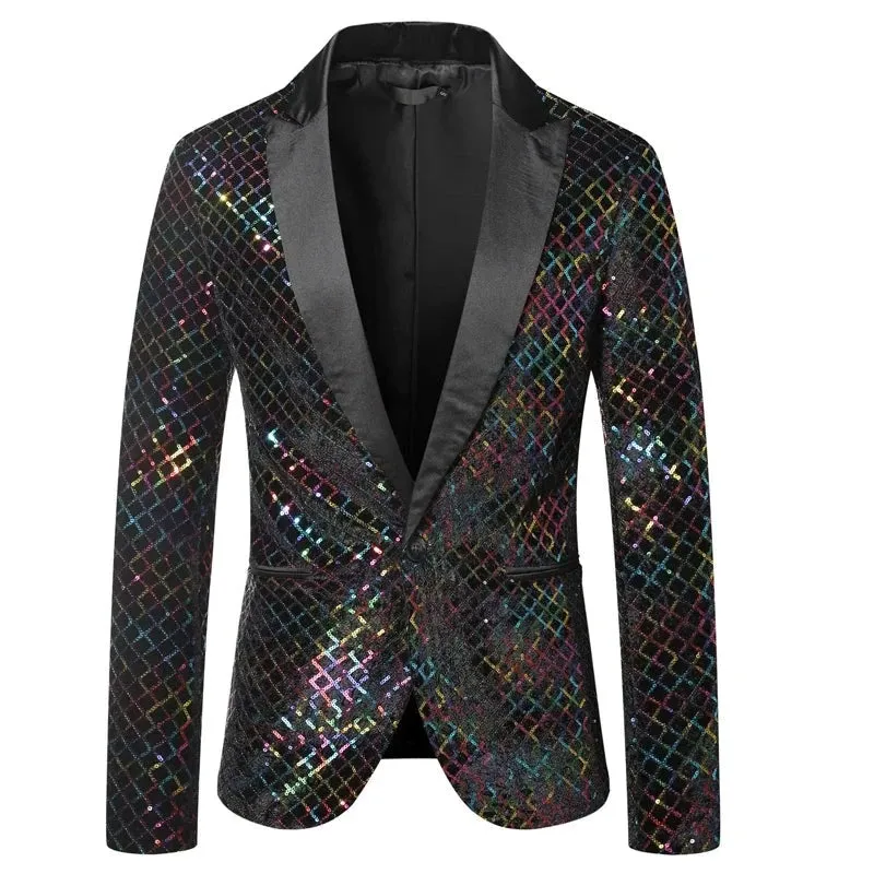 Men Slim Sequin Plaid Blazer Jackets