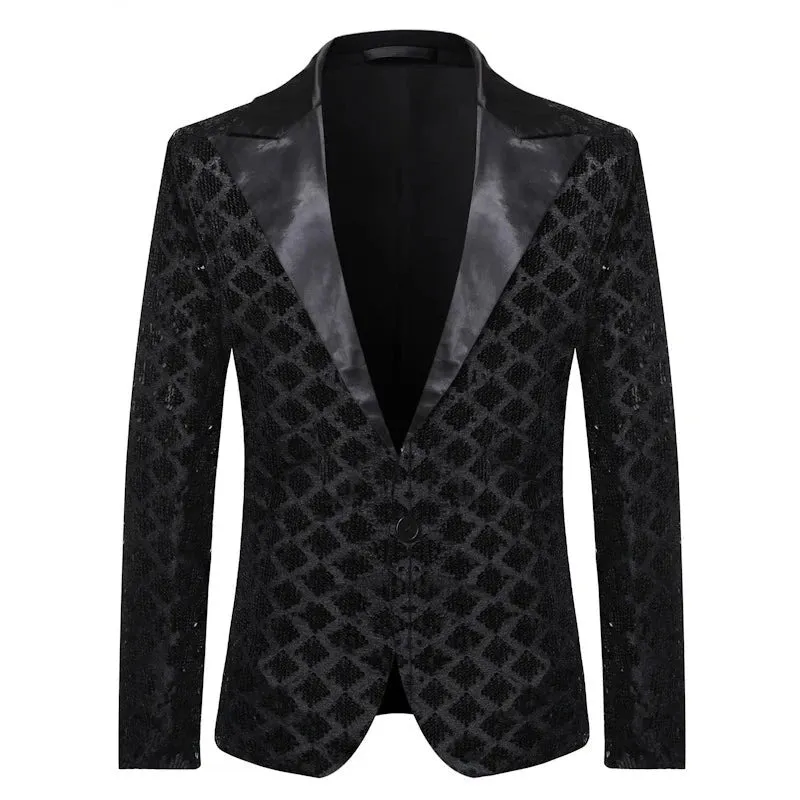 Men Slim Sequin Plaid Blazer Jackets