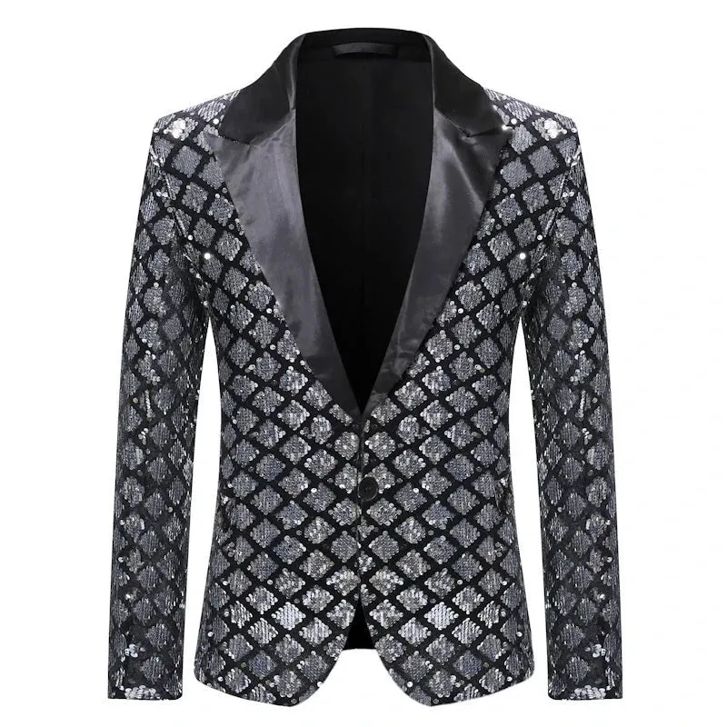 Men Slim Sequin Plaid Blazer Jackets