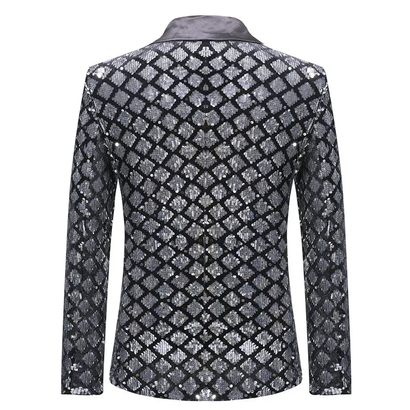 Men Slim Sequin Plaid Blazer Jackets