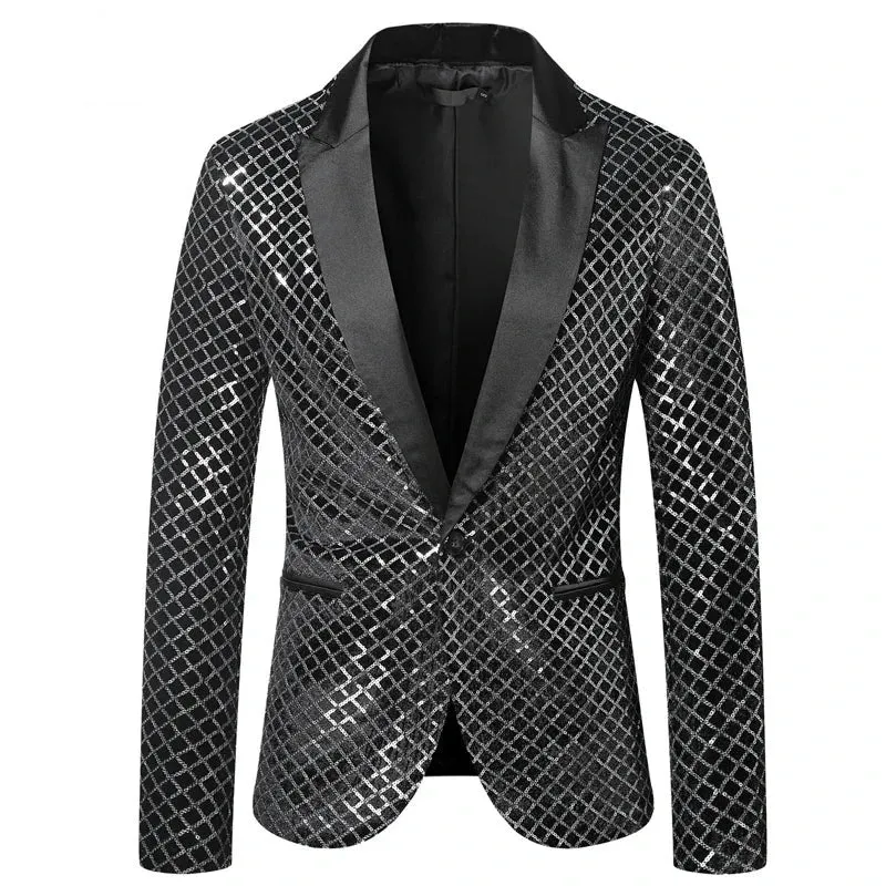 Men Slim Sequin Plaid Blazer Jackets