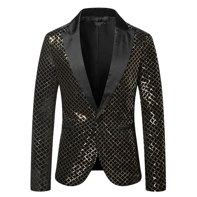 Men Slim Sequin Plaid Blazer Jackets