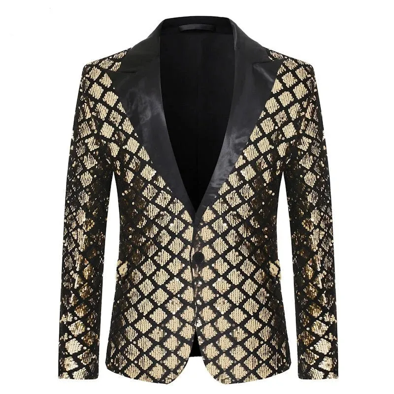 Men Slim Sequin Plaid Blazer Jackets