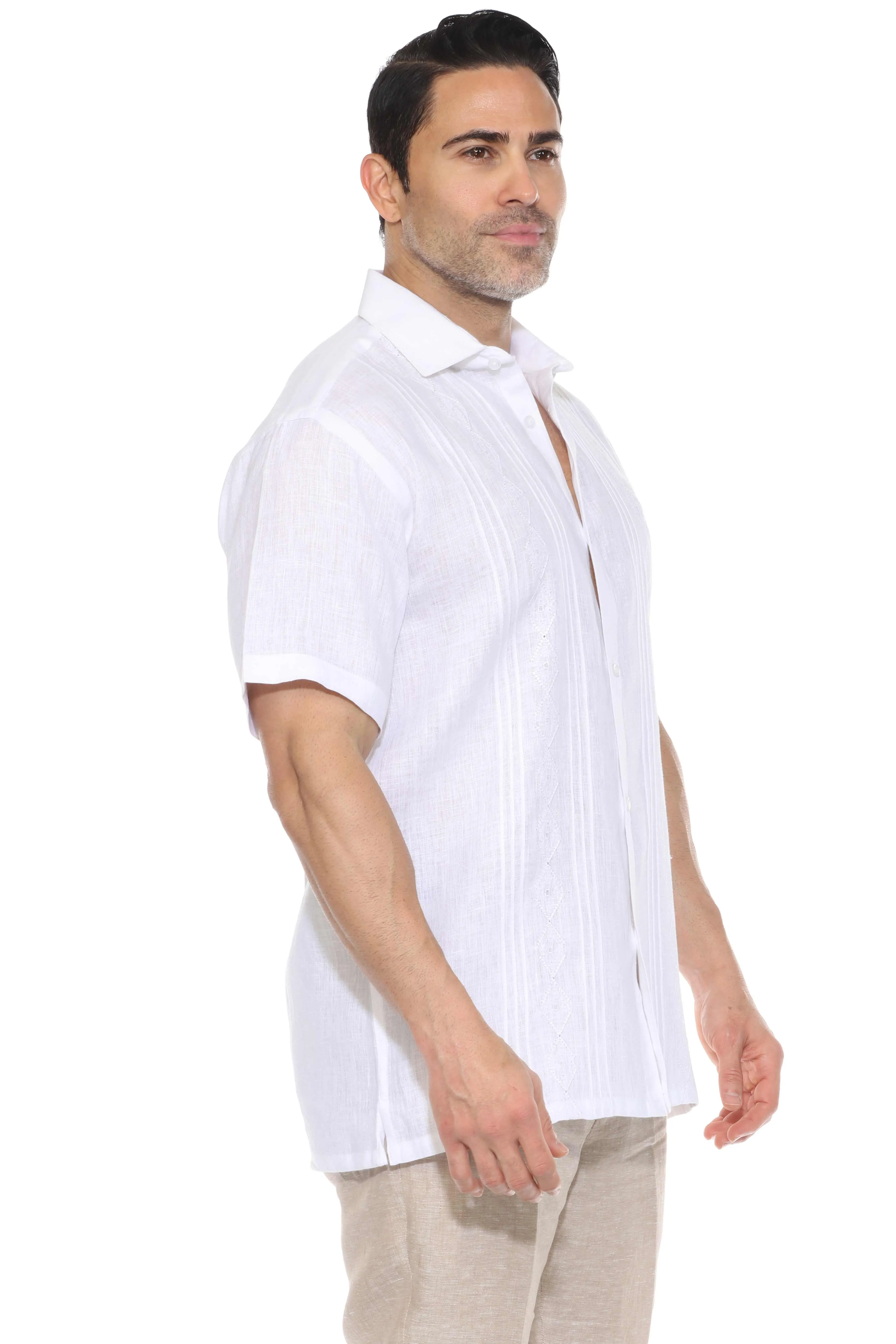 Men's 100% Linen Resort Shirt Short Sleeve with Pin Tuck and Embroidery Accent