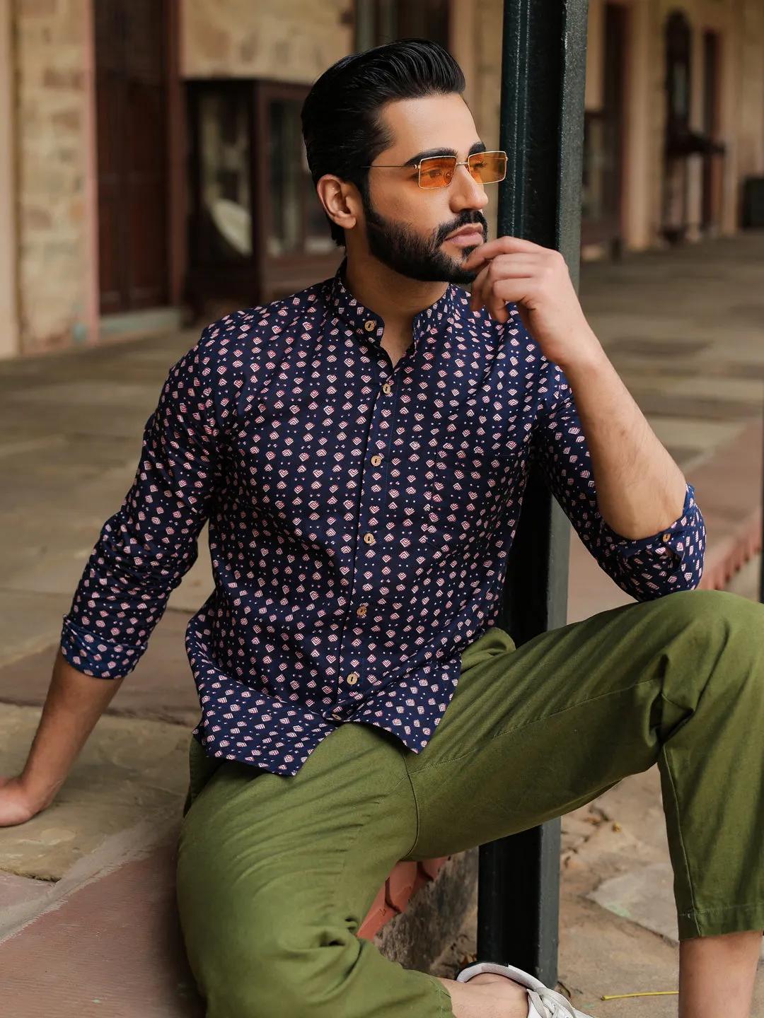 Men's Pure Cotton Navy Blue Casual Shirt