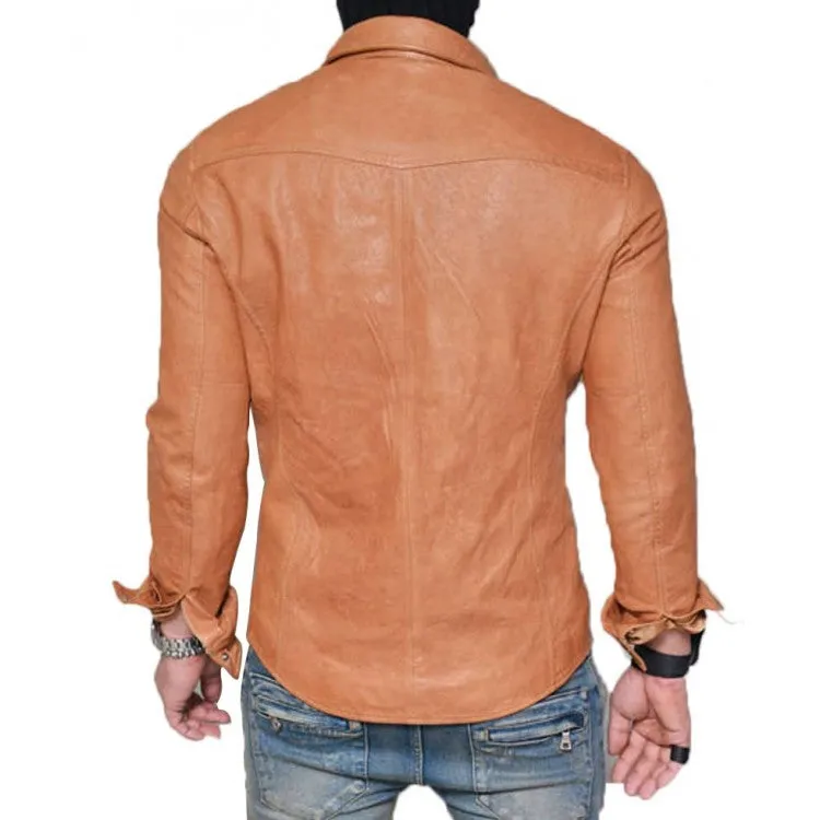 Men's Tan Genuine Leather Slim Fit Shirt