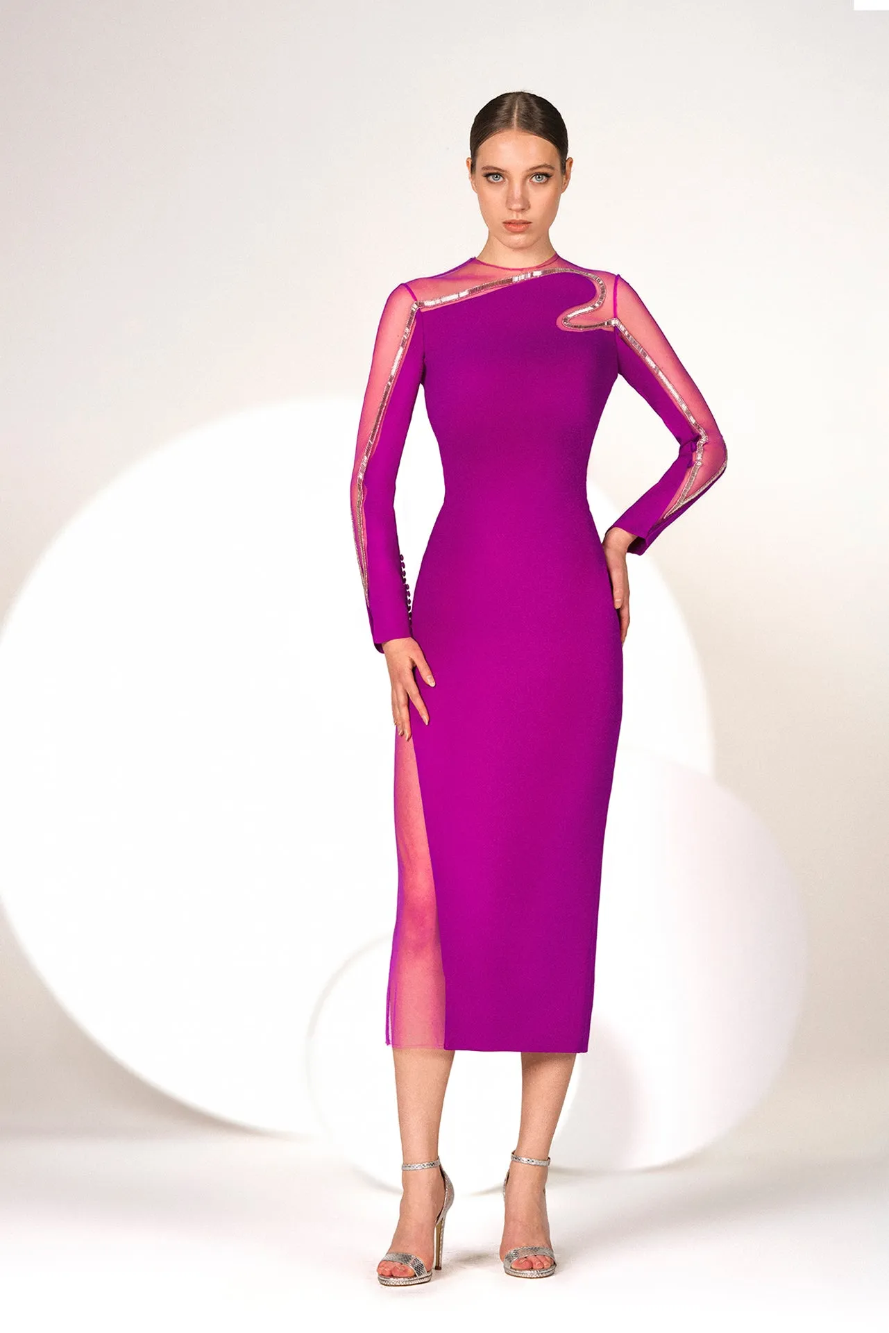 Midi Dress with  Sheer Tulle Sleeves and Subtle Silver Sequin Detail