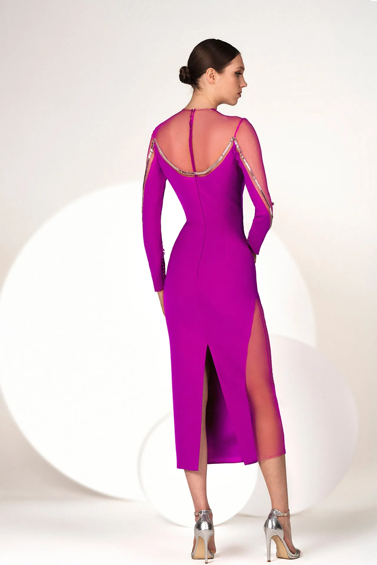 Midi Dress with  Sheer Tulle Sleeves and Subtle Silver Sequin Detail