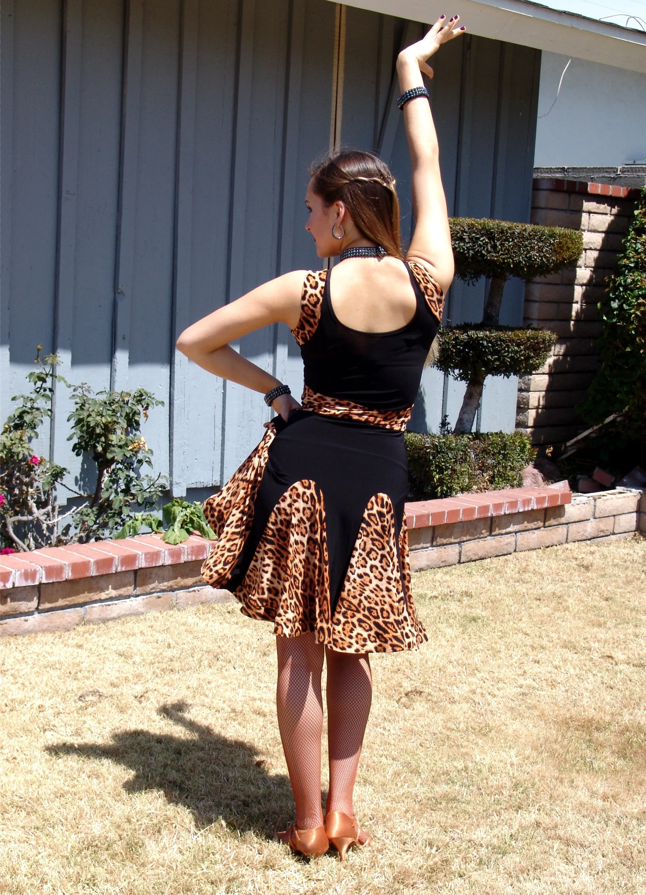 NUG 00694 Black & Leopard Print Panel Latin Dress