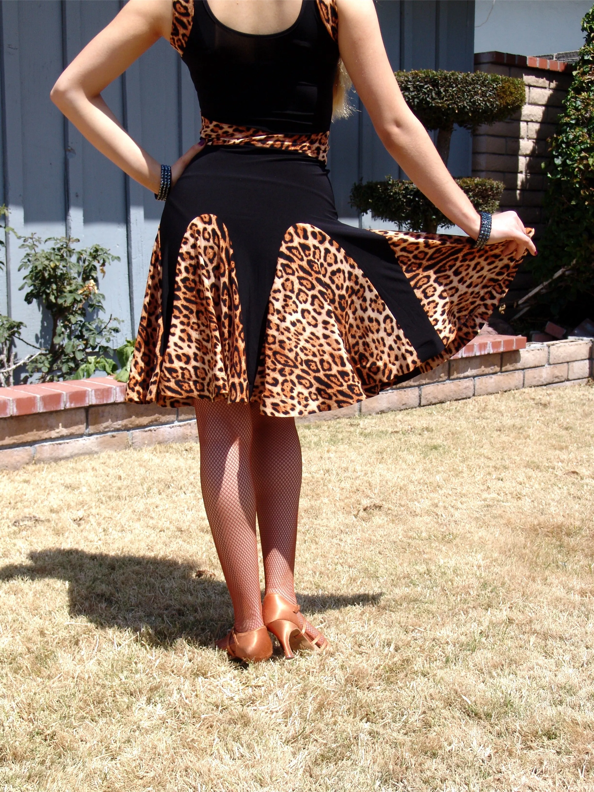 NUG 00694 Black & Leopard Print Panel Latin Dress