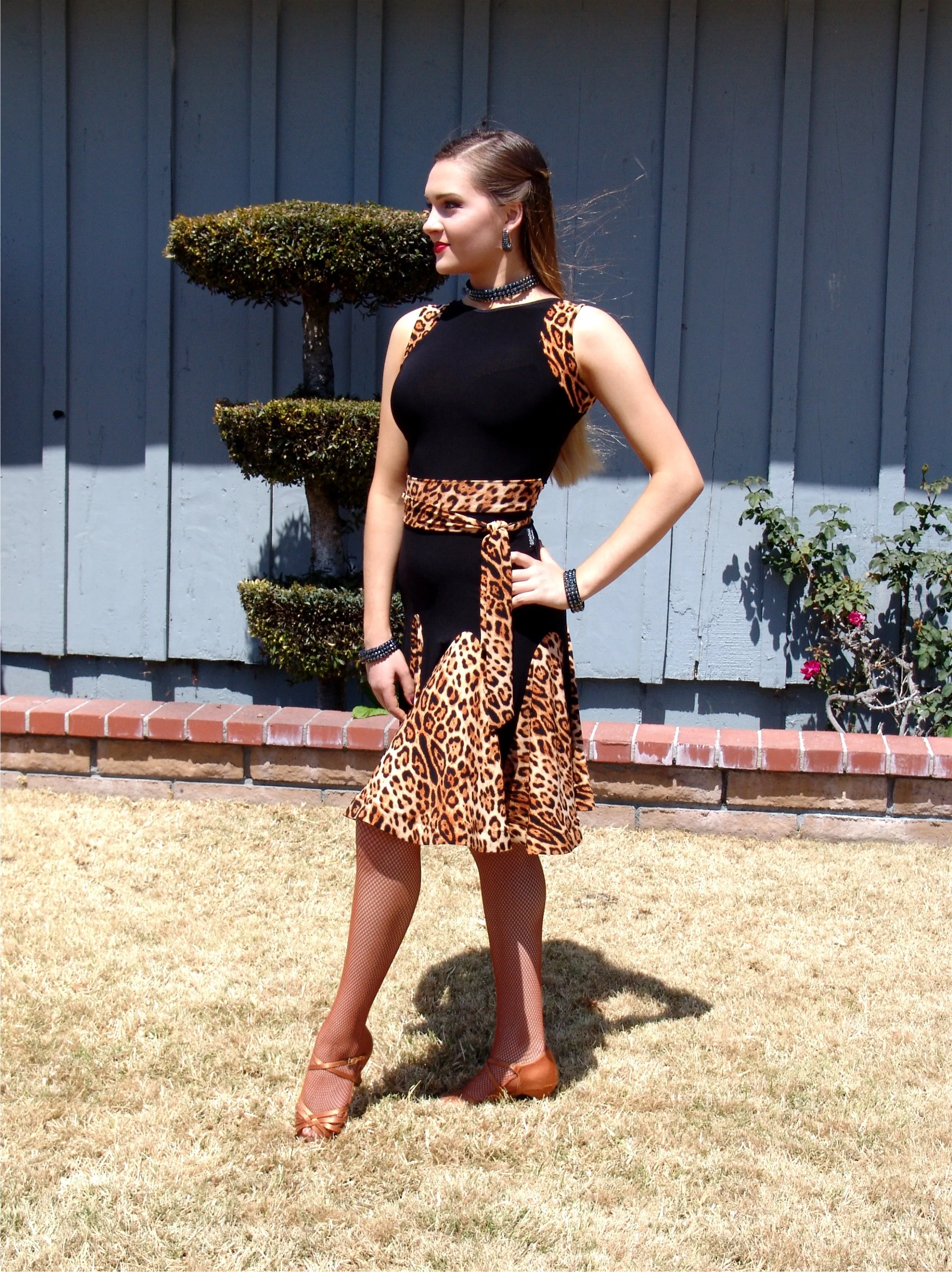 NUG 00694 Black & Leopard Print Panel Latin Dress