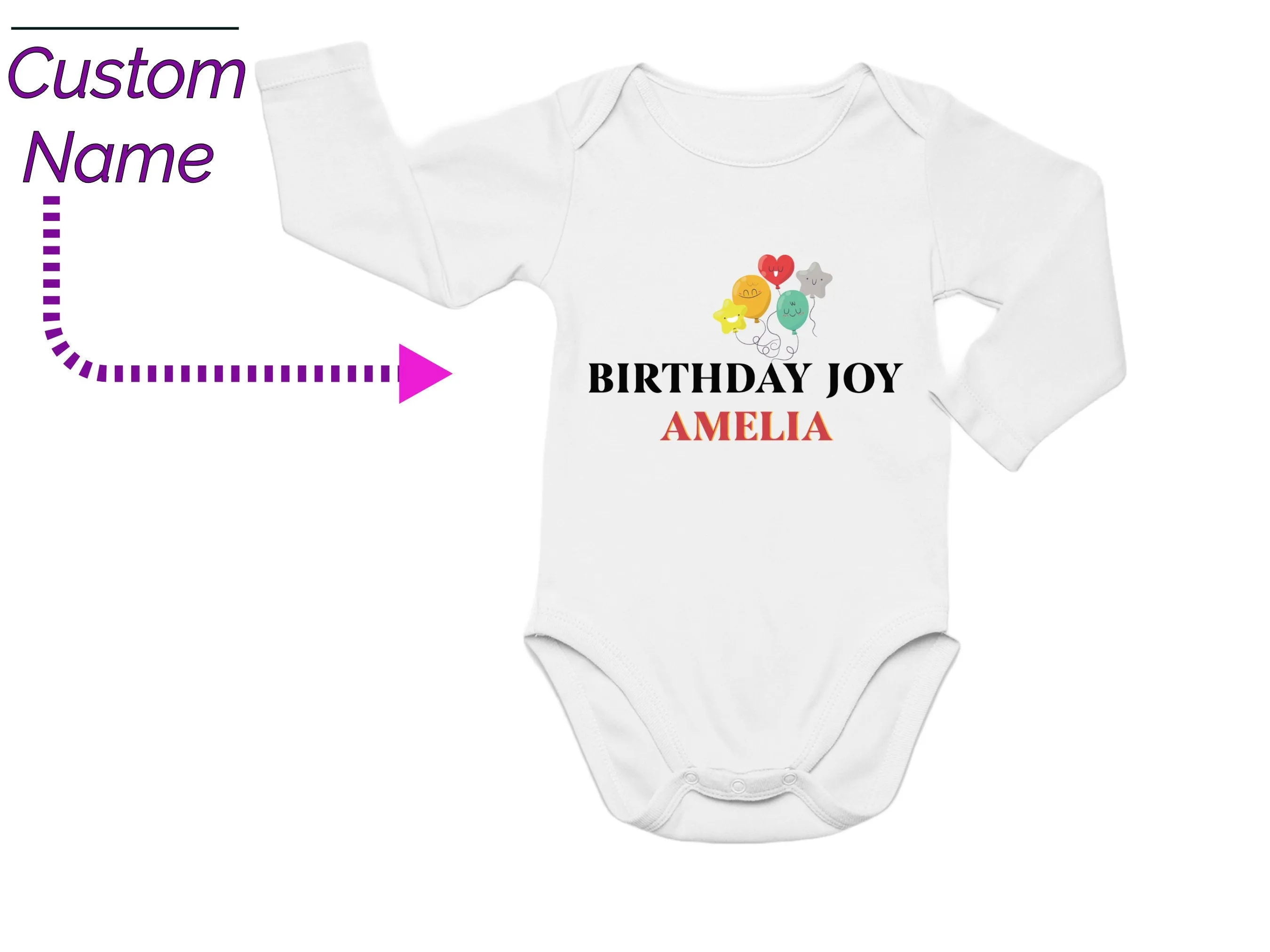 Personalized Name Long Sleeve Bodysuit Birthday with Joy Design