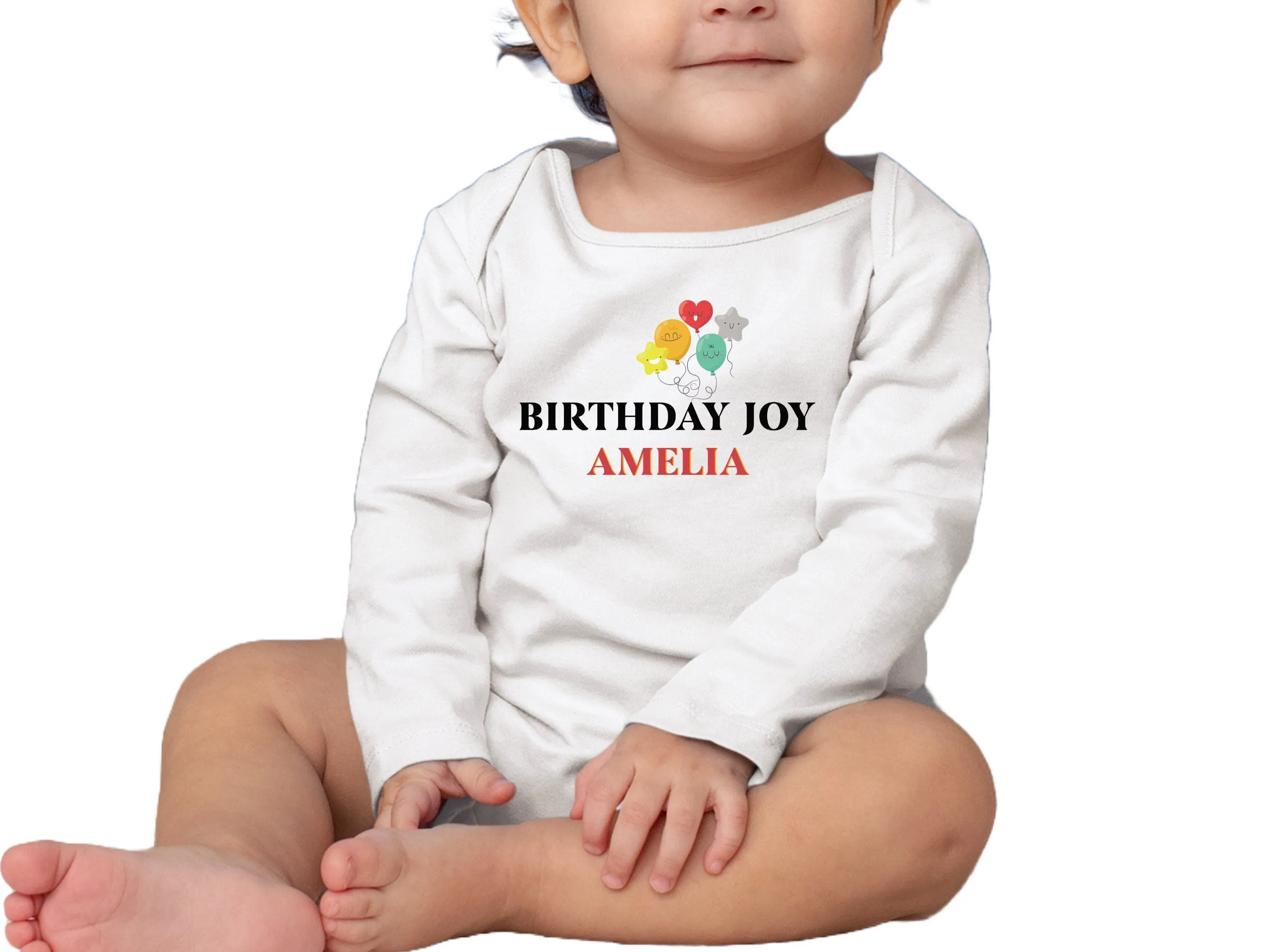 Personalized Name Long Sleeve Bodysuit Birthday with Joy Design