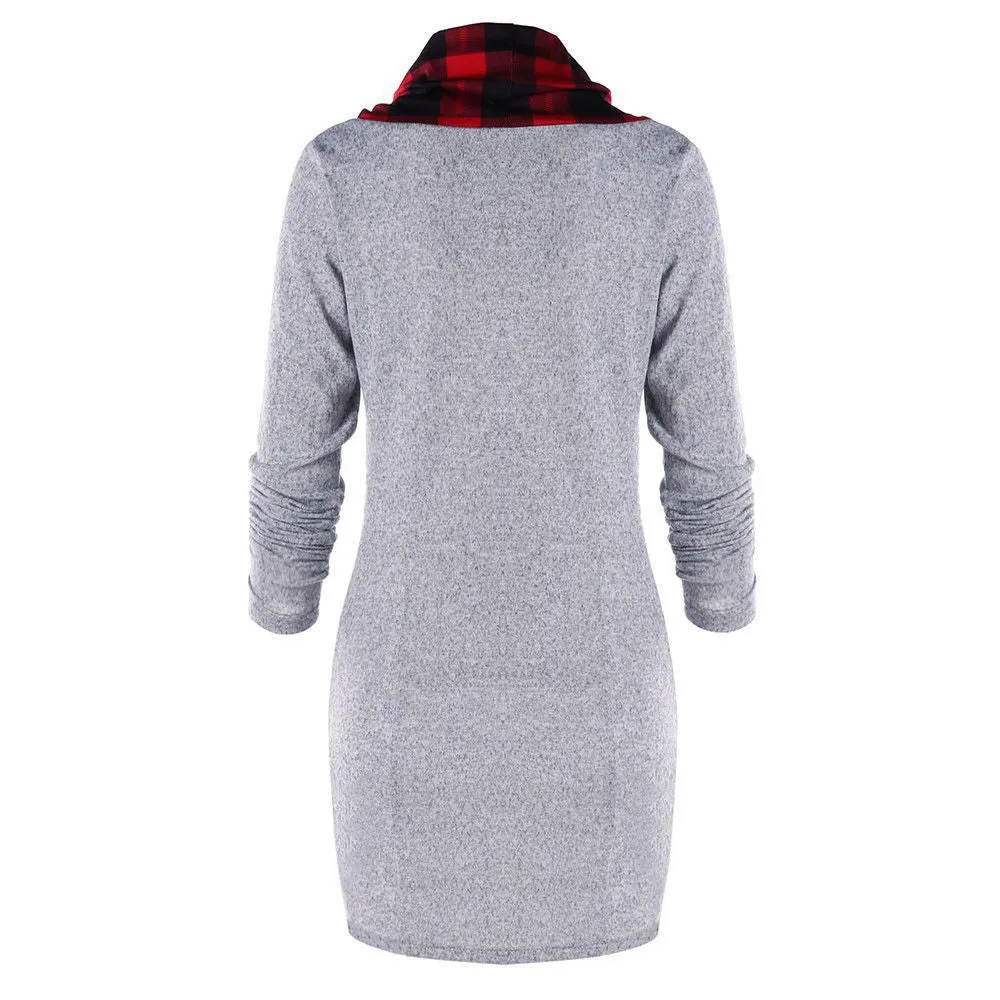 Plaid Straight-Breasted Stitching High-Neck Sweatshirt