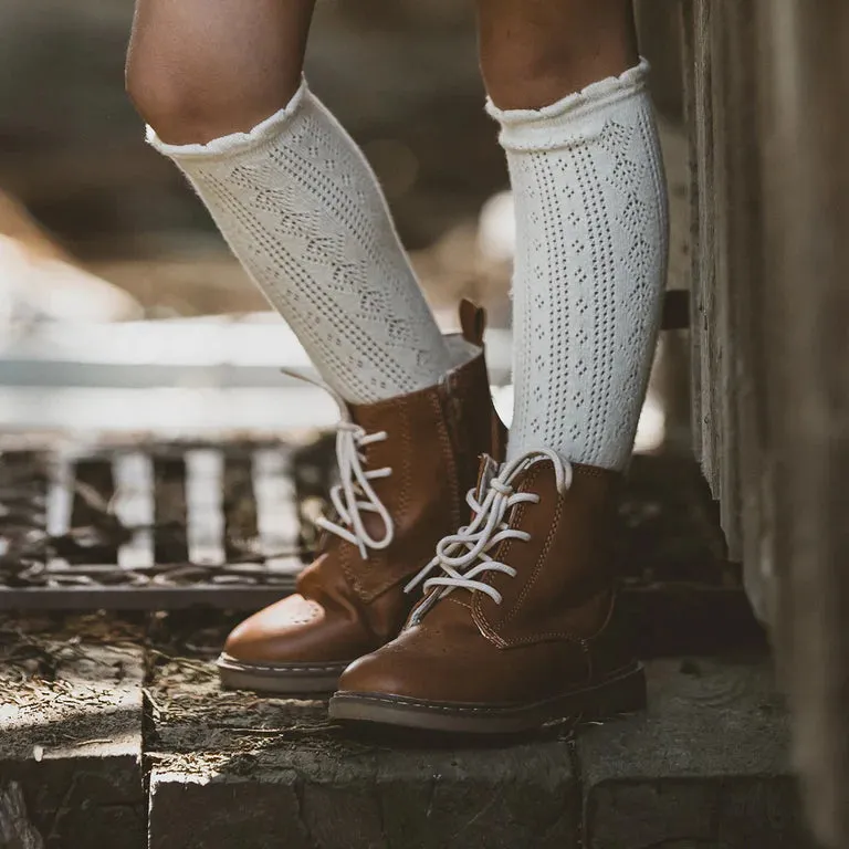 POINTELLE KNEE HIGH SOCKS - ALMOND