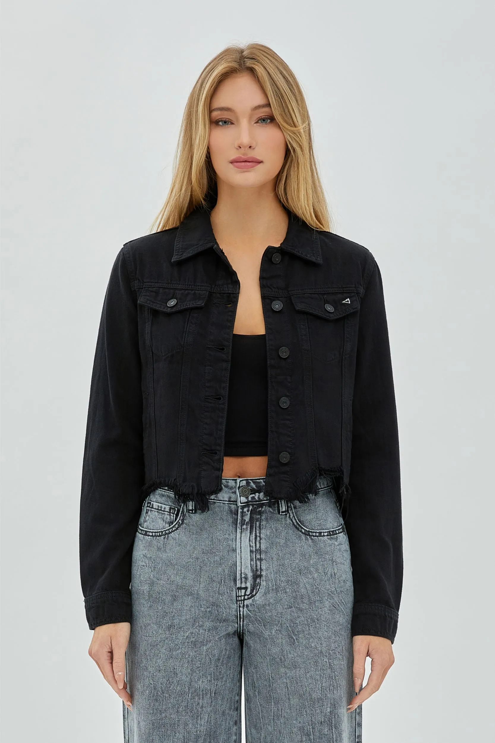 [REBEL] BLACK FRAYED BOTTOM FITTED JACKET