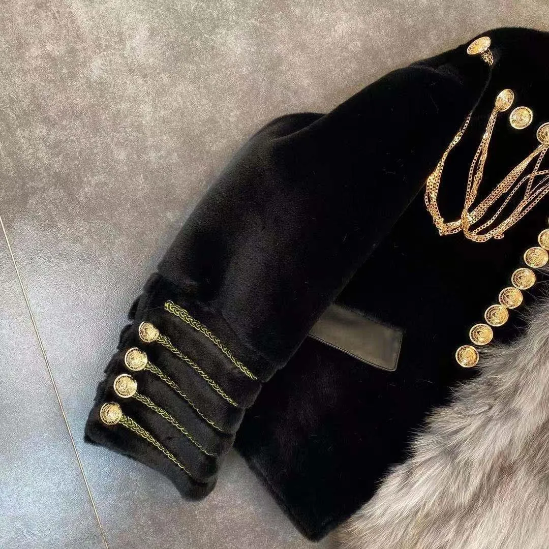 Runway New Warm Winter Women Faux Leather Jacket Coat Loose Faux Fox Fur Coats Casual Golden Line Chain Bottons Cool Coats