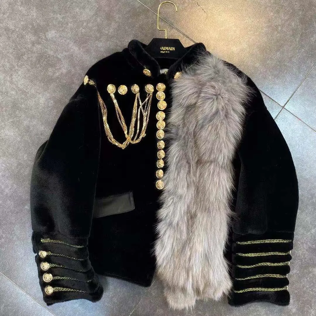 Runway New Warm Winter Women Faux Leather Jacket Coat Loose Faux Fox Fur Coats Casual Golden Line Chain Bottons Cool Coats