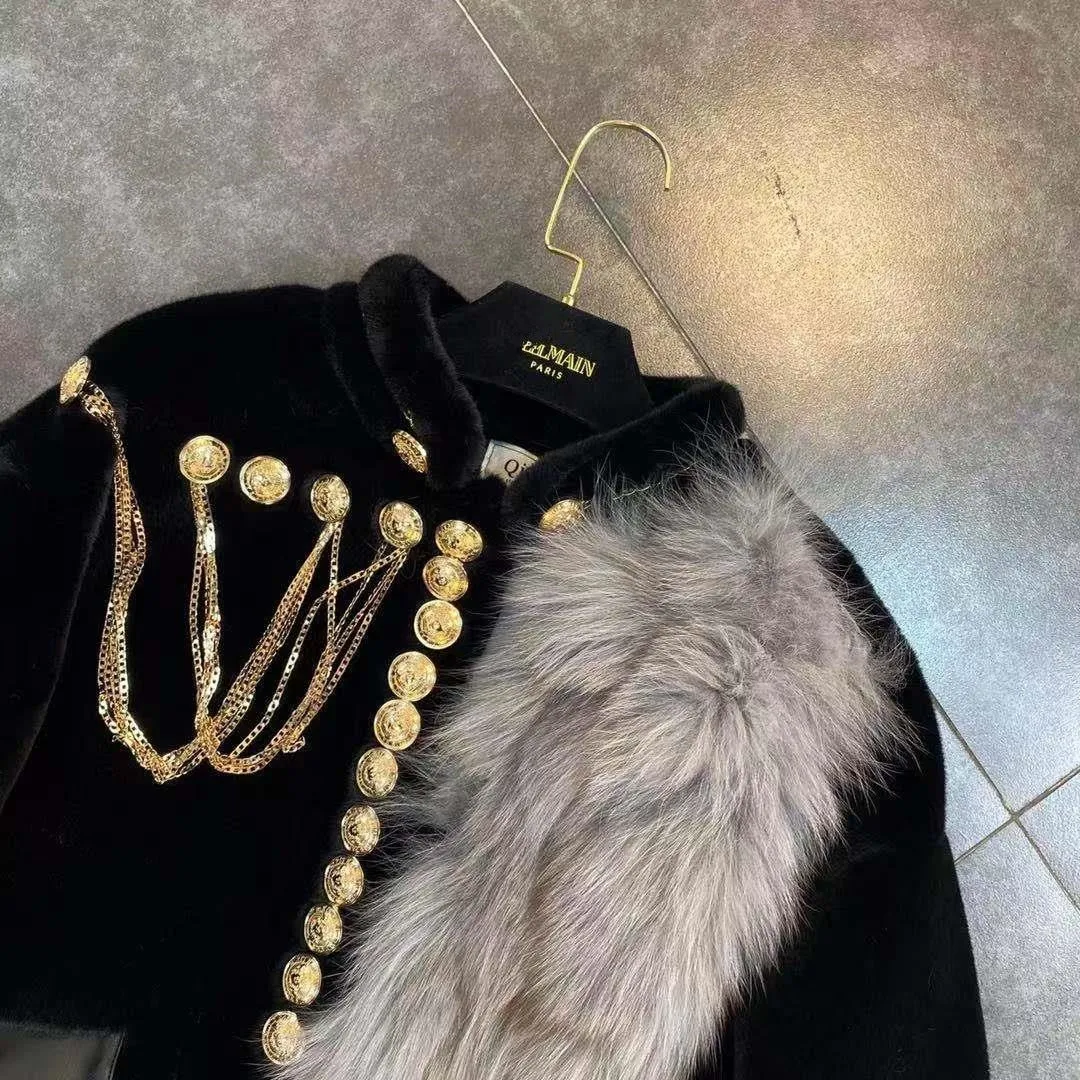 Runway New Warm Winter Women Faux Leather Jacket Coat Loose Faux Fox Fur Coats Casual Golden Line Chain Bottons Cool Coats
