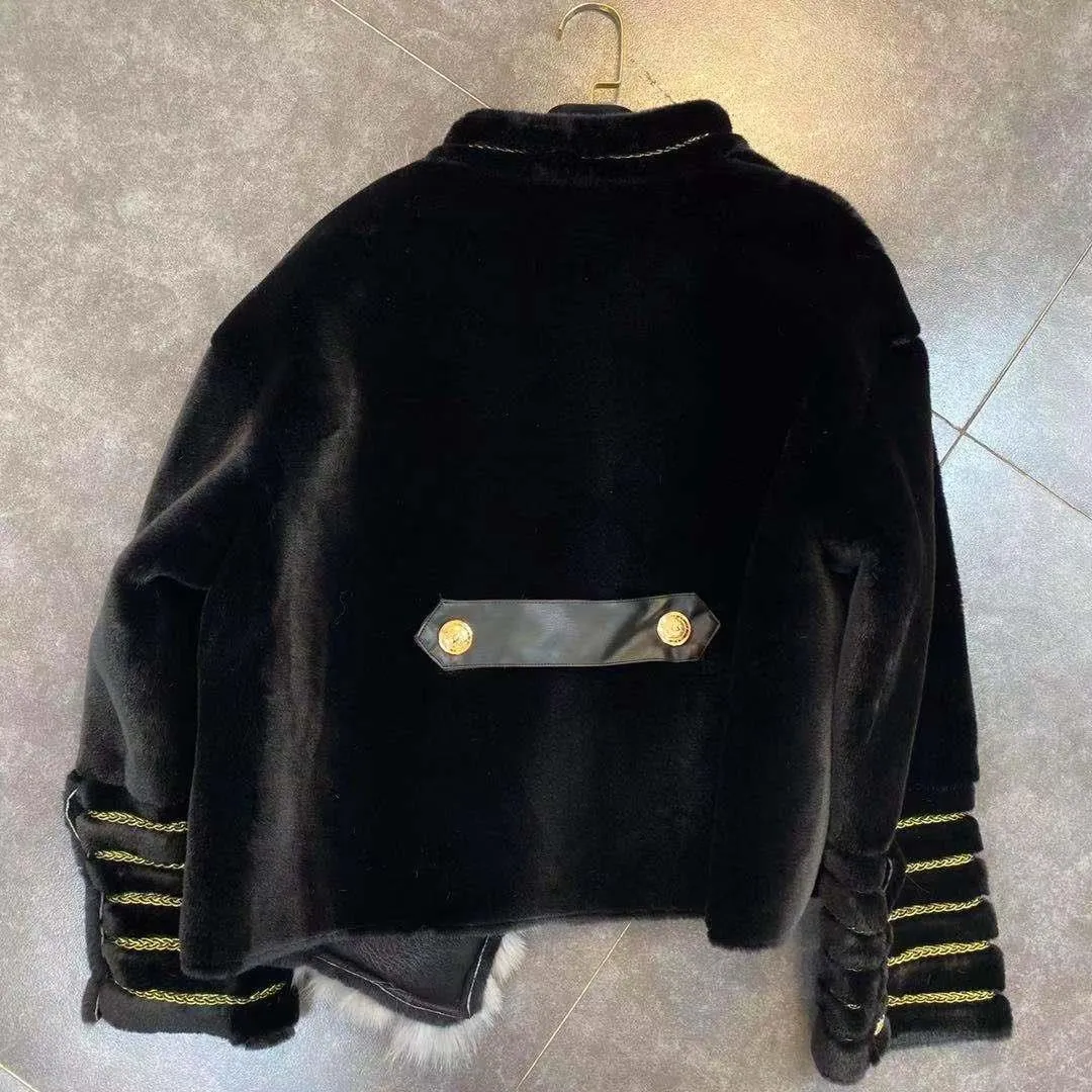Runway New Warm Winter Women Faux Leather Jacket Coat Loose Faux Fox Fur Coats Casual Golden Line Chain Bottons Cool Coats
