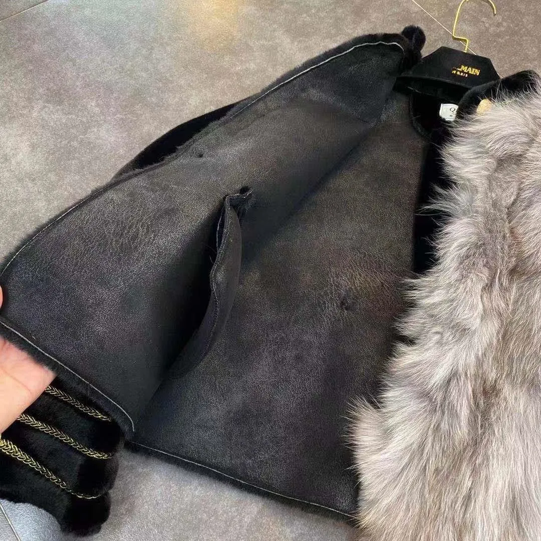 Runway New Warm Winter Women Faux Leather Jacket Coat Loose Faux Fox Fur Coats Casual Golden Line Chain Bottons Cool Coats